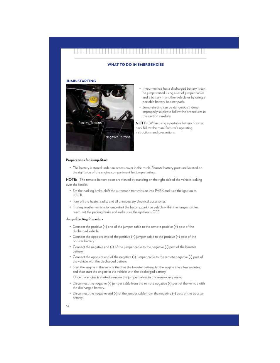 Jump-starting, Preparations for jump-start, Jump-starting procedure | Chrysler 2011 200 Convertible - User Guide User Manual | Page 56 / 84