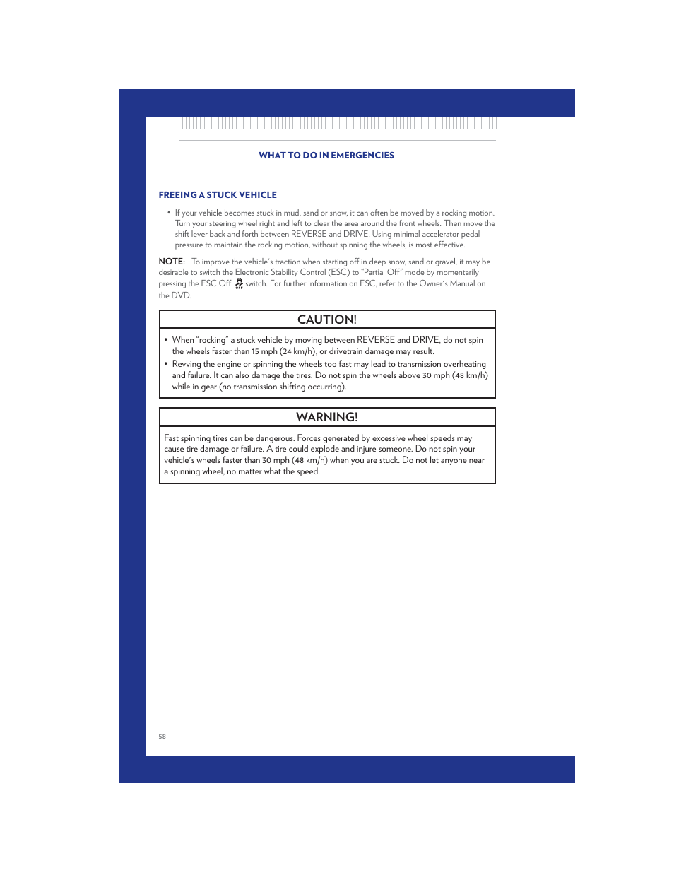Freeing a stuck vehicle, Caution, Warning | Chrysler 2011 200 Convertible - User Guide User Manual | Page 60 / 84