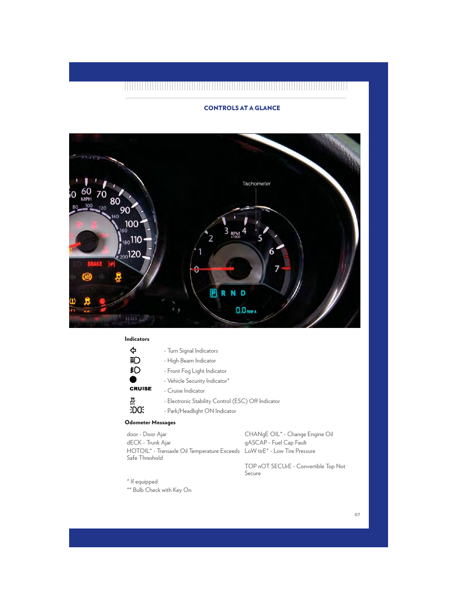 Indicators, Odometer messages | Chrysler 2011 200 Convertible - User Guide User Manual | Page 9 / 84