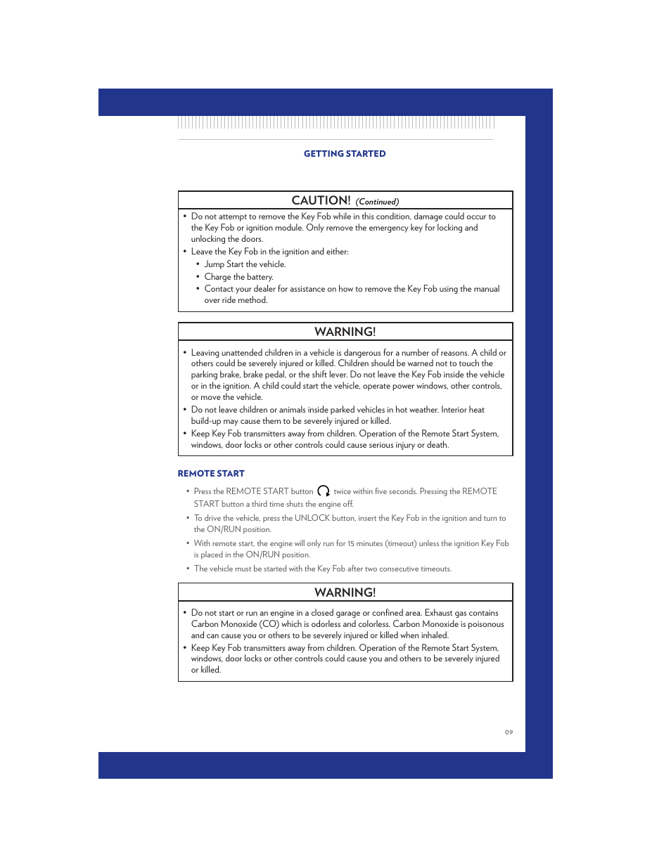 Remote start, Caution, Warning | Chrysler 2011 Country - User Guide User Manual | Page 11 / 100