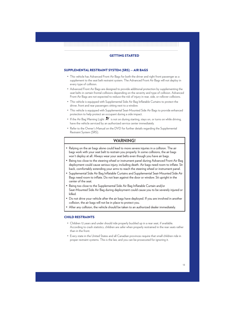 Supplemental restraint system (srs) — air bags, Child restraints, Warning | Chrysler 2011 Country - User Guide User Manual | Page 15 / 100