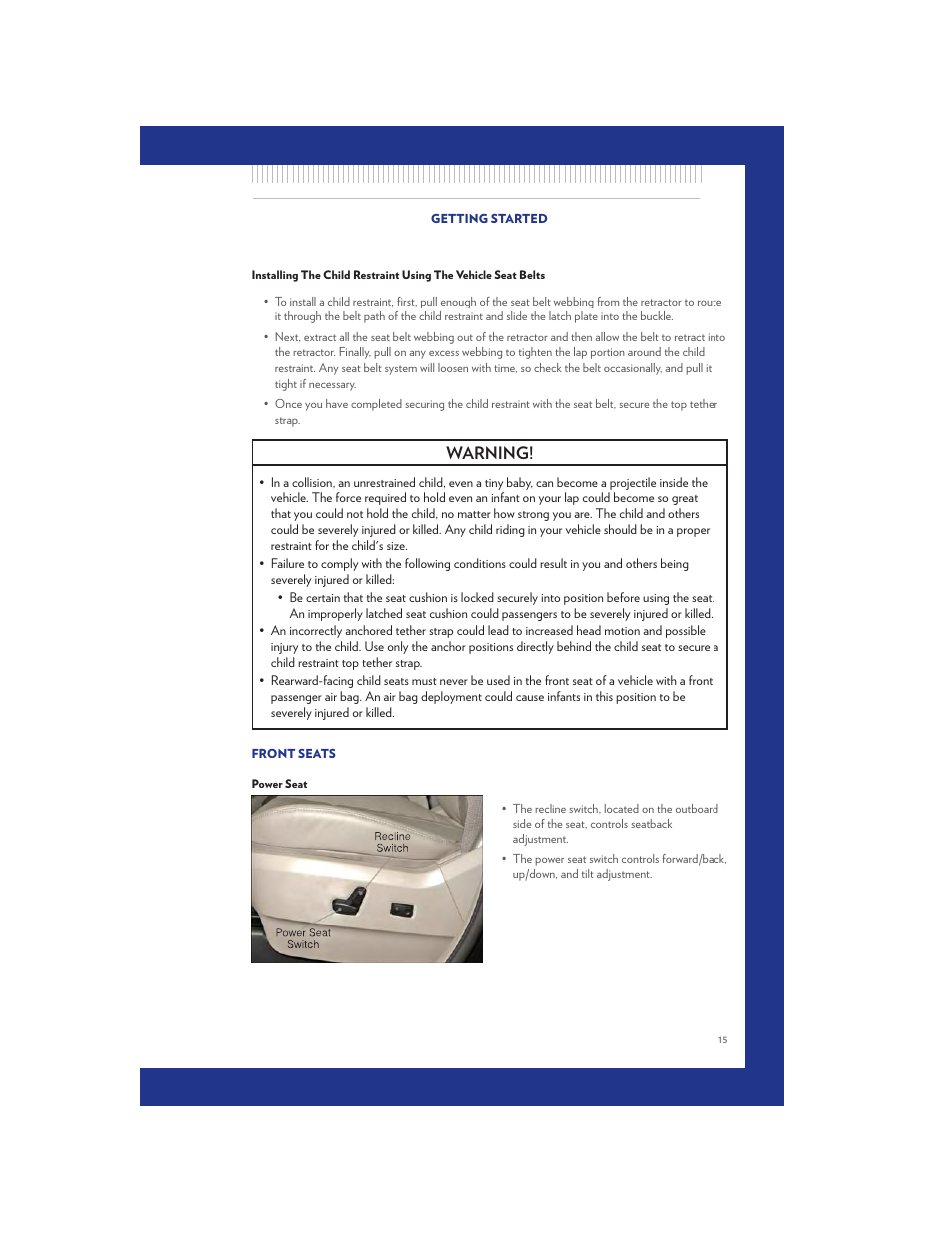 Front seats, Power seat, Warning | Chrysler 2011 Country - User Guide User Manual | Page 17 / 100
