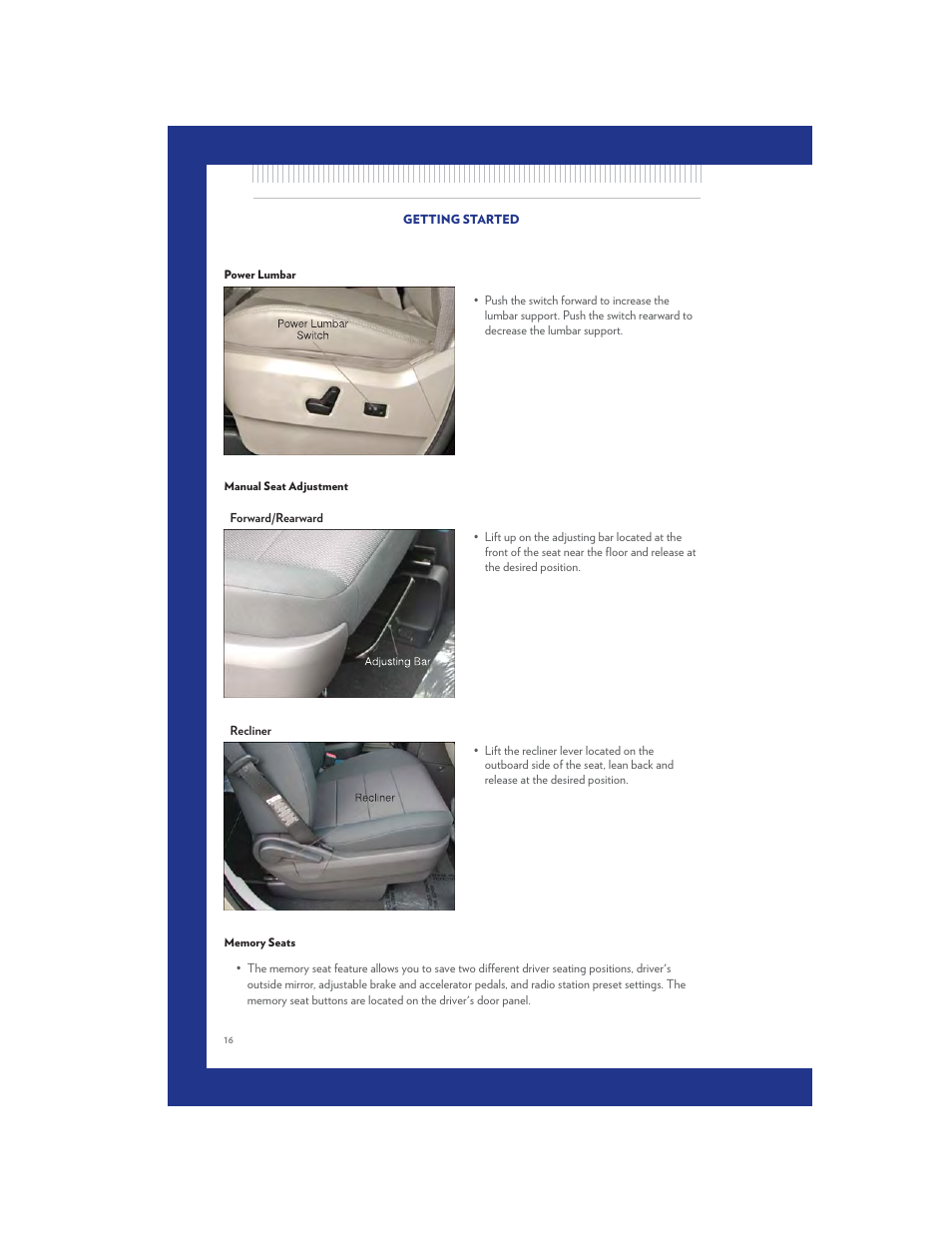 Power lumbar, Manual seat adjustment, Memory seats | Chrysler 2011 Country - User Guide User Manual | Page 18 / 100