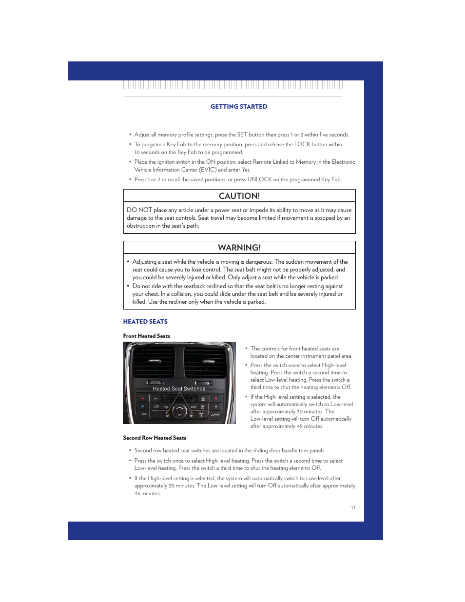 Heated seats, Front heated seats, Second row heated seats | Caution, Warning | Chrysler 2011 Country - User Guide User Manual | Page 19 / 100