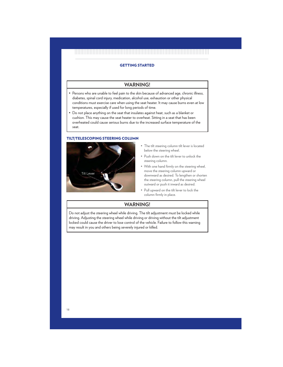 Tilt/telescoping steering column, Warning | Chrysler 2011 Country - User Guide User Manual | Page 20 / 100