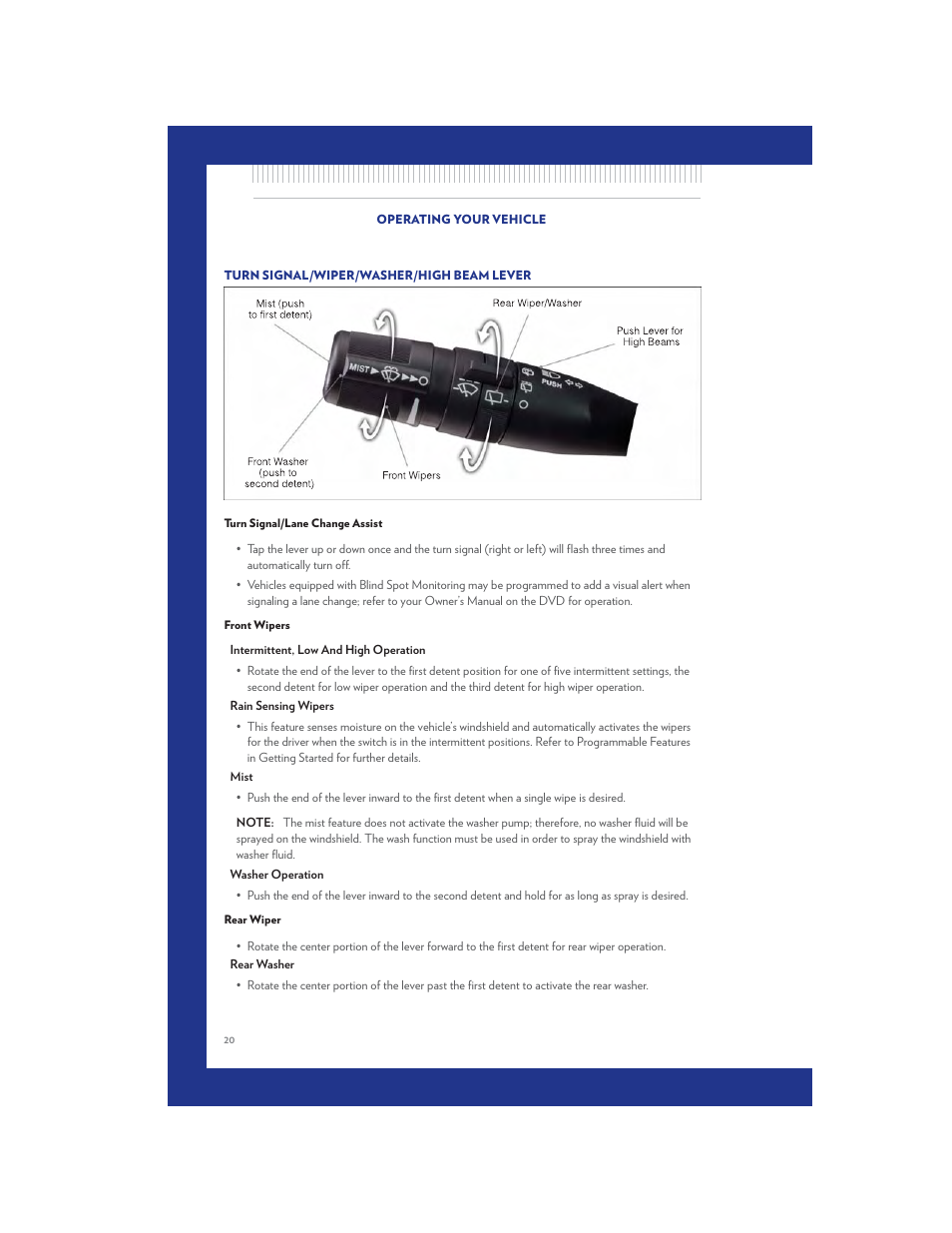 Operating your vehicle, Turn signal/wiper/washer/high beam lever, Turn signal/lane change assist | Front wipers, Rear wiper | Chrysler 2011 Country - User Guide User Manual | Page 22 / 100