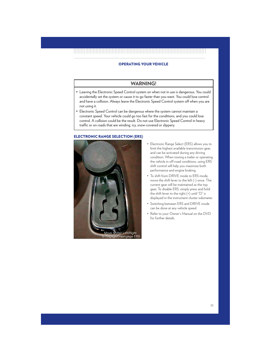 Electronic range selection (ers), Warning | Chrysler 2011 Country - User Guide User Manual | Page 25 / 100