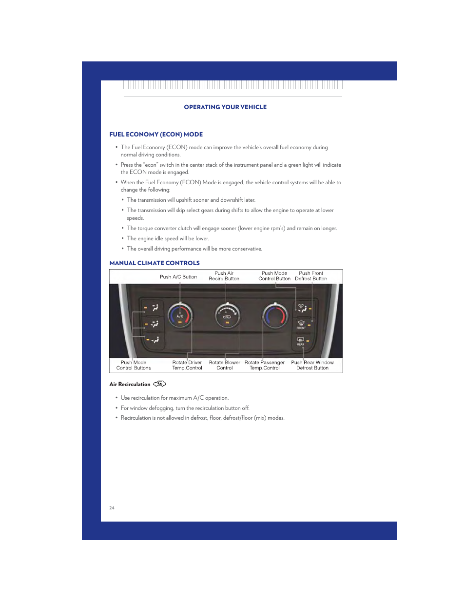 Fuel economy (econ) mode, Manual climate controls, Air recirculation | Chrysler 2011 Country - User Guide User Manual | Page 26 / 100