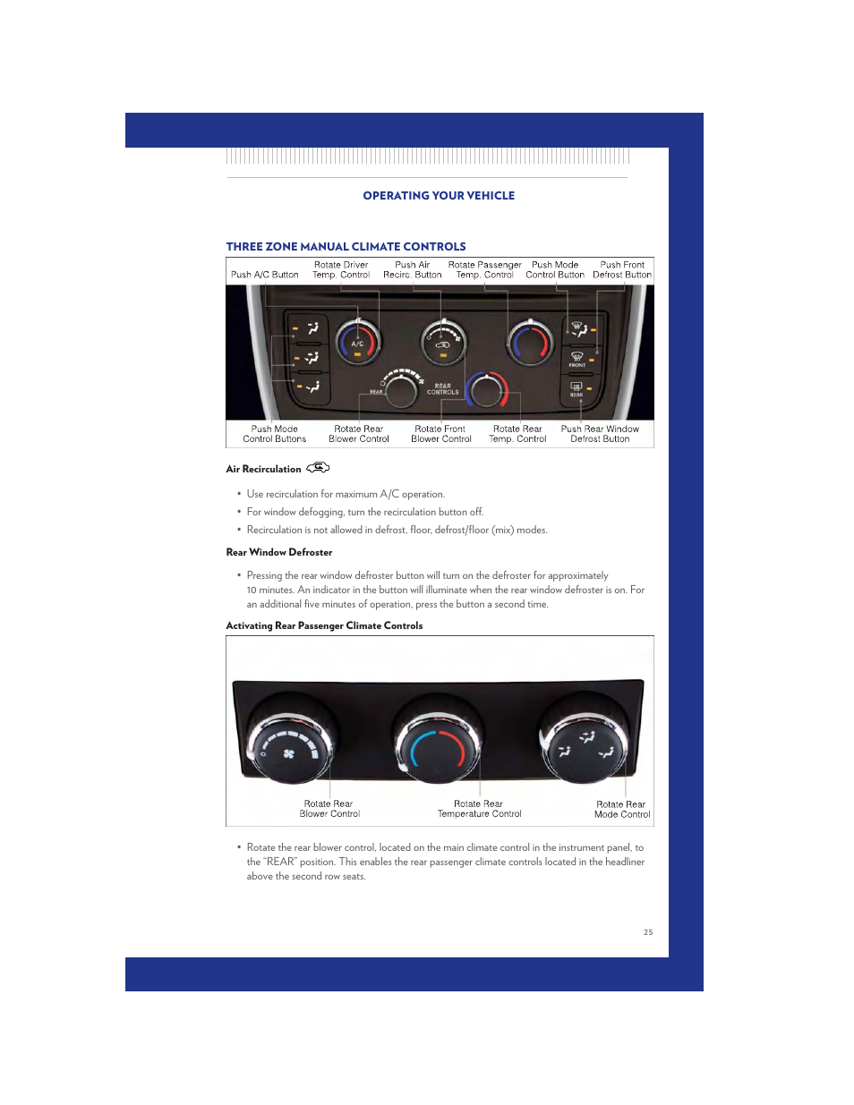 Three zone manual climate controls, Air recirculation, Rear window defroster | Activating rear passenger climate controls | Chrysler 2011 Country - User Guide User Manual | Page 27 / 100