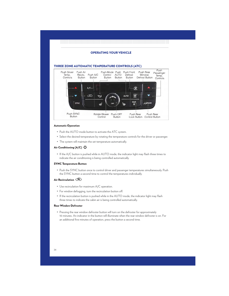 Three zone automatic temperature controls (atc), Automatic operation, Air conditioning (a/c) | Sync temperature button, Air recirculation, Rear window defroster | Chrysler 2011 Country - User Guide User Manual | Page 28 / 100