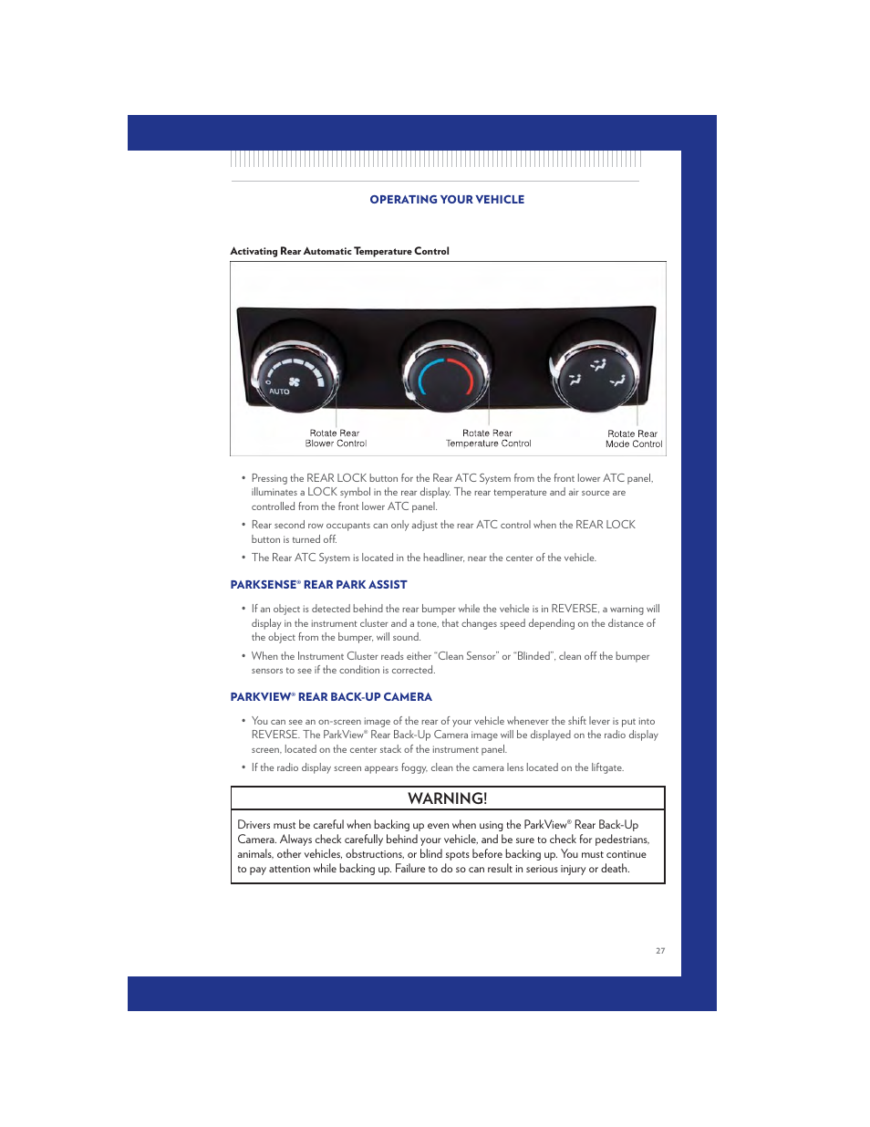 Activating rear automatic temperature control, Parksense® rear park assist, Parkview® rear back-up camera | Warning | Chrysler 2011 Country - User Guide User Manual | Page 29 / 100