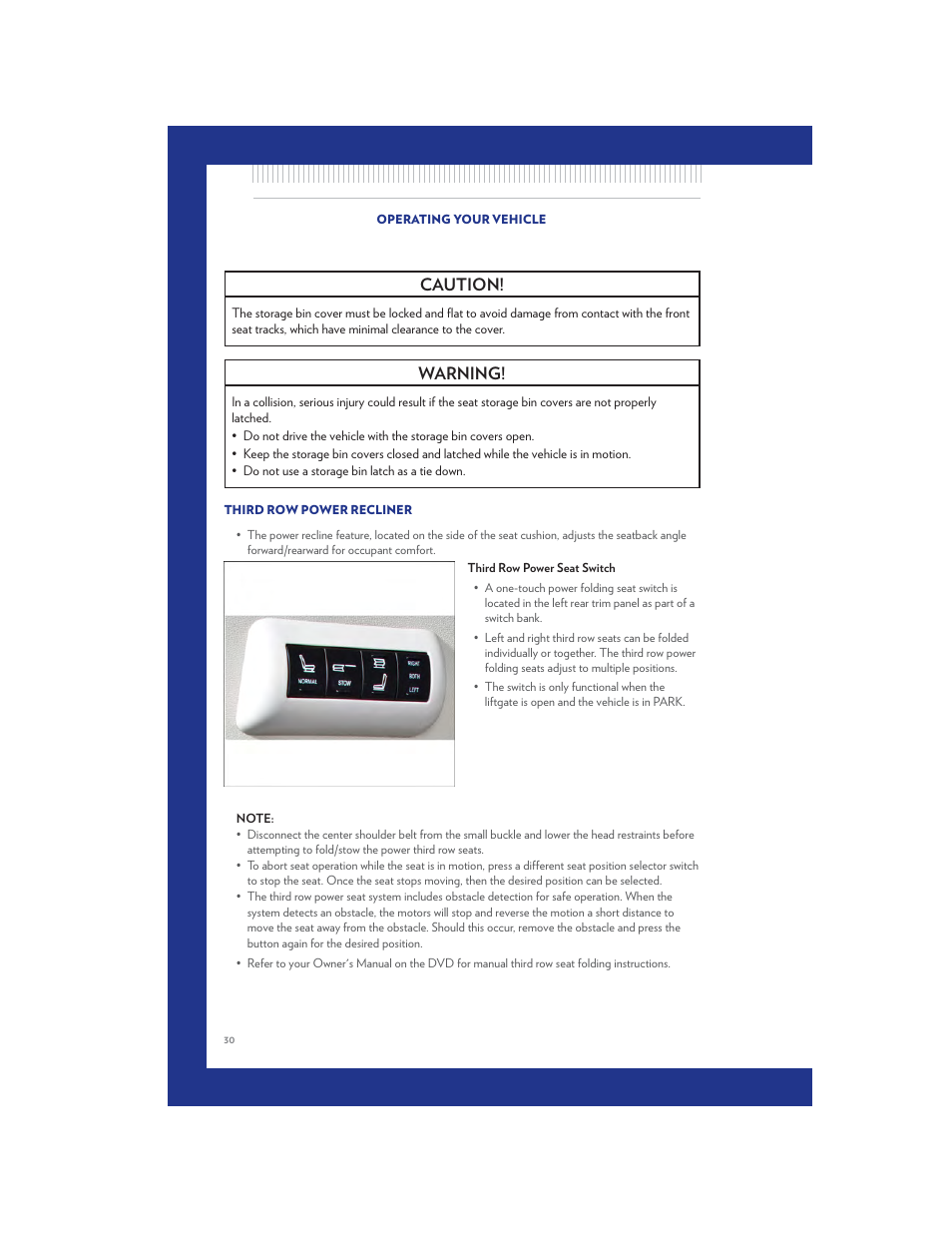 Third row power recliner, Caution, Warning | Chrysler 2011 Country - User Guide User Manual | Page 32 / 100