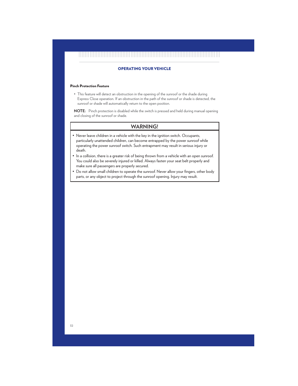 Pinch protection feature, Warning | Chrysler 2011 Country - User Guide User Manual | Page 34 / 100