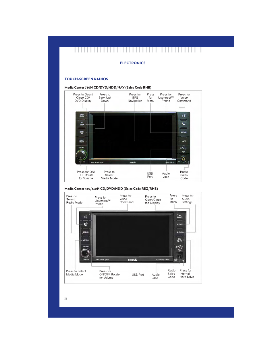 Touch-screen radios, Media center 730n cd/dvd/hdd/nav (sales code rhr) | Chrysler 2011 Country - User Guide User Manual | Page 40 / 100