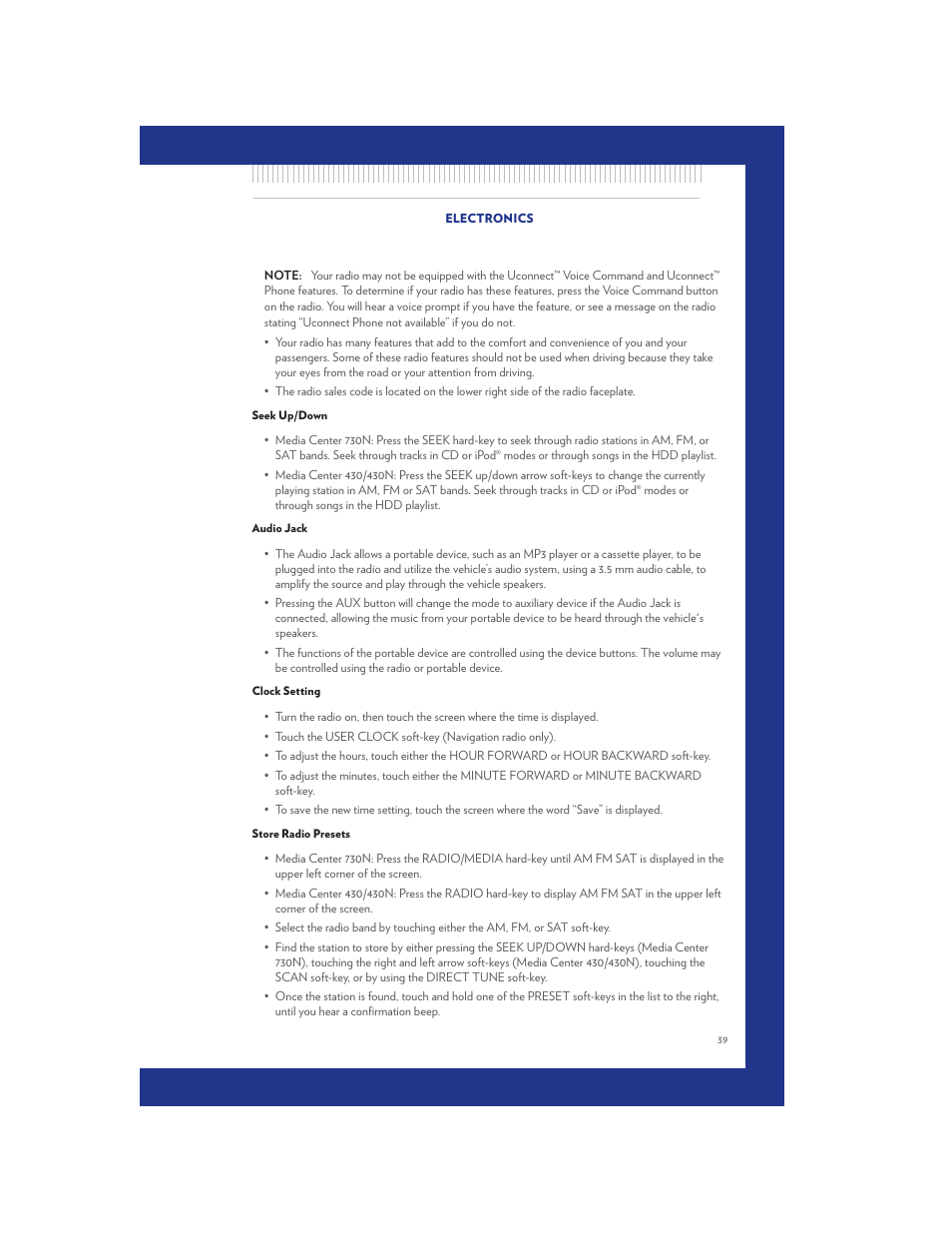 Seek up/down, Audio jack, Clock setting | Store radio presets | Chrysler 2011 Country - User Guide User Manual | Page 41 / 100