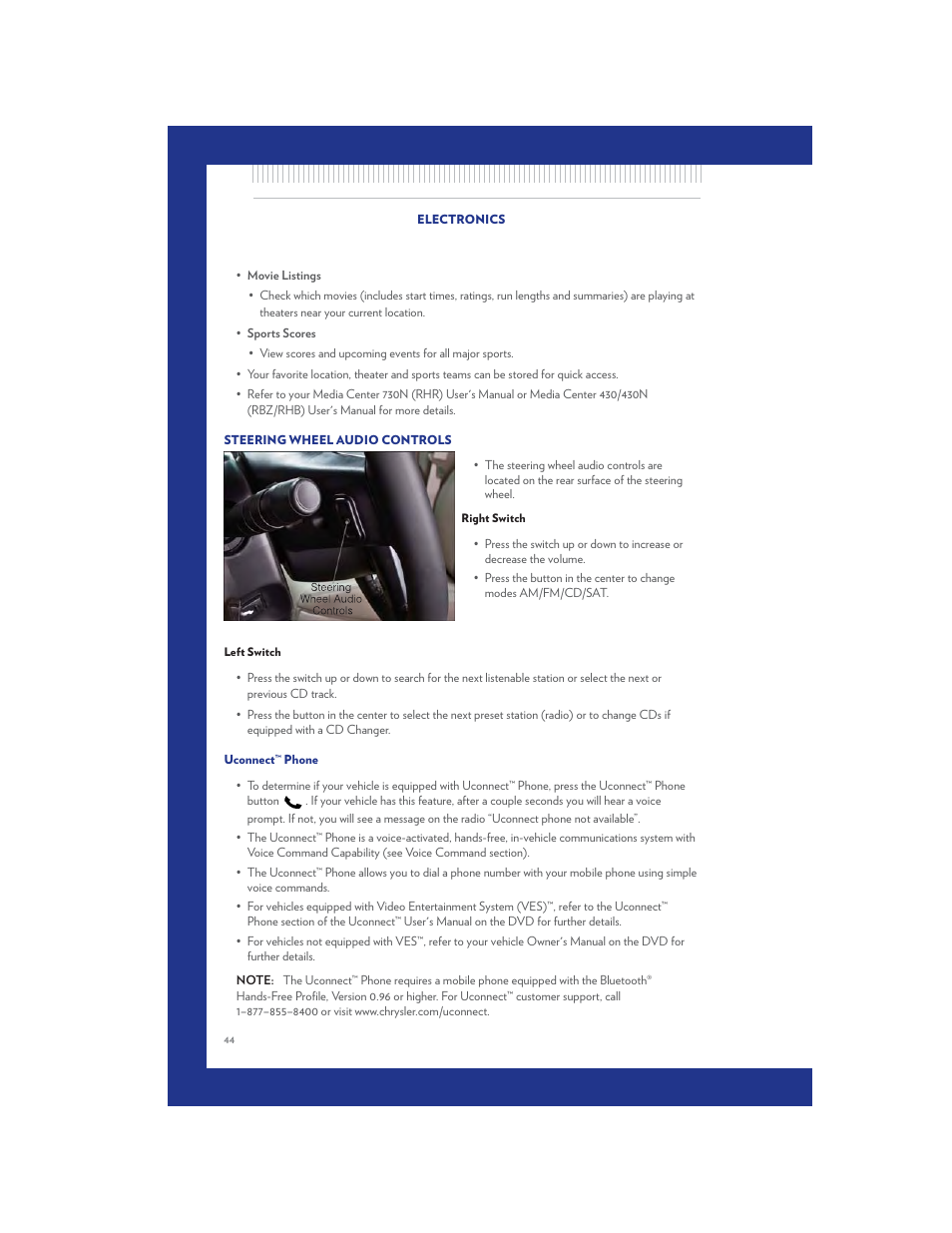 Steering wheel audio controls, Right switch, Left switch | Uconnect™ phone | Chrysler 2011 Country - User Guide User Manual | Page 46 / 100