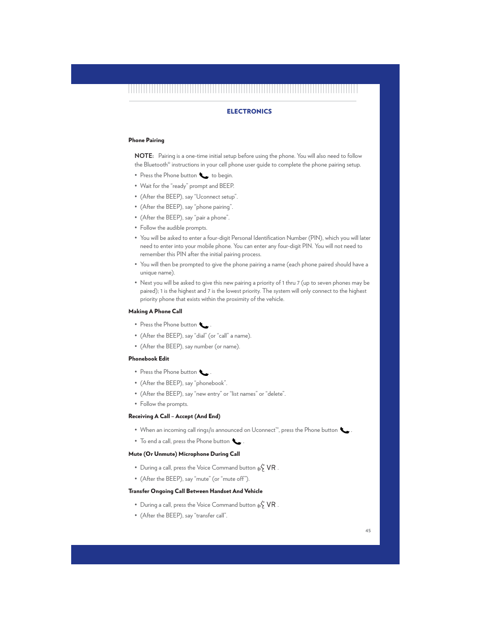 Phone pairing, Making a phone call, Phonebook edit | Receiving a call – accept (and end), Mute (or unmute) microphone during call, Transfer ongoing call between handset and vehicle | Chrysler 2011 Country - User Guide User Manual | Page 47 / 100