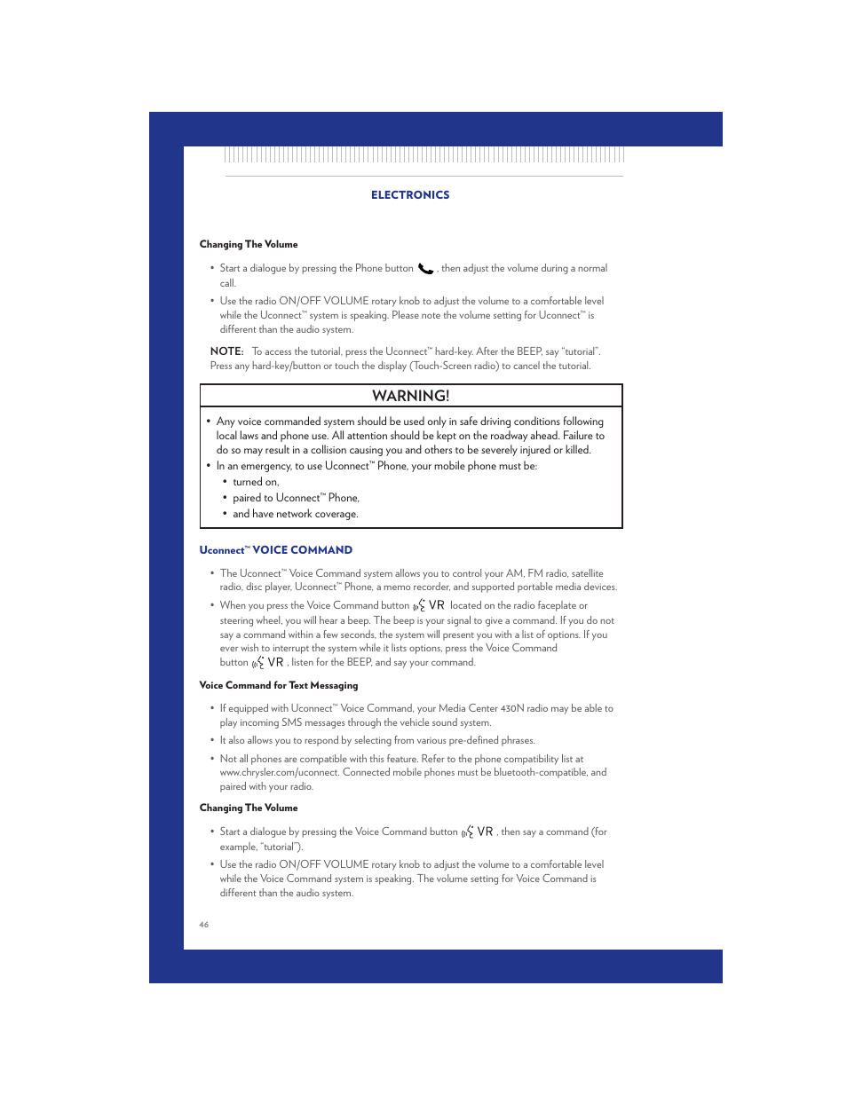 Changing the volume, Uconnect™ voice command, Voice command for text messaging | Warning | Chrysler 2011 Country - User Guide User Manual | Page 48 / 100