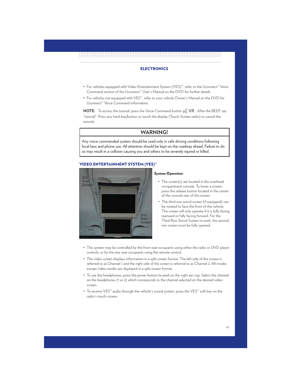 Video entertainment system (ves), System operation, Warning | Chrysler 2011 Country - User Guide User Manual | Page 49 / 100