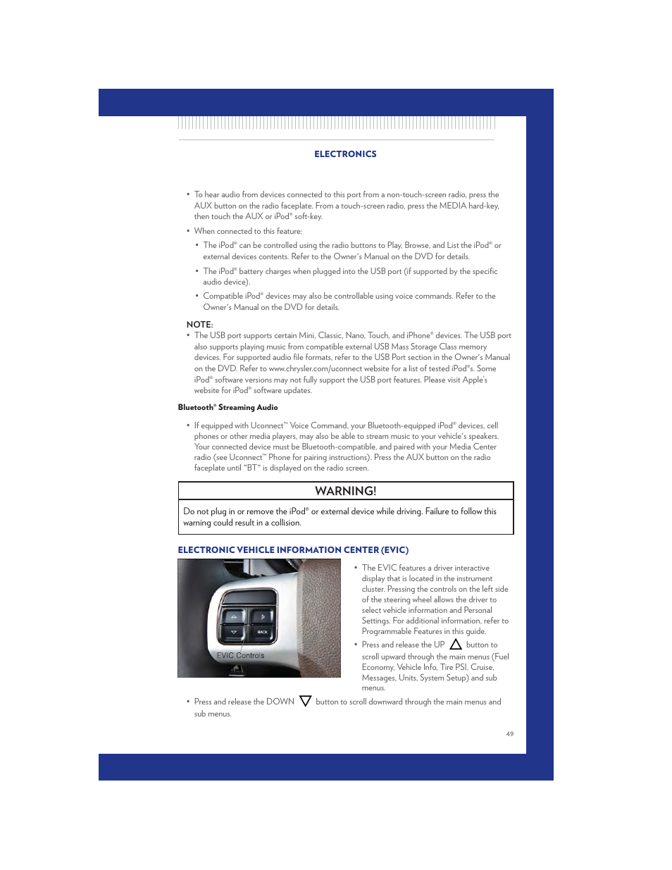 Bluetooth® streaming audio, Electronic vehicle information center (evic), Warning | Chrysler 2011 Country - User Guide User Manual | Page 51 / 100