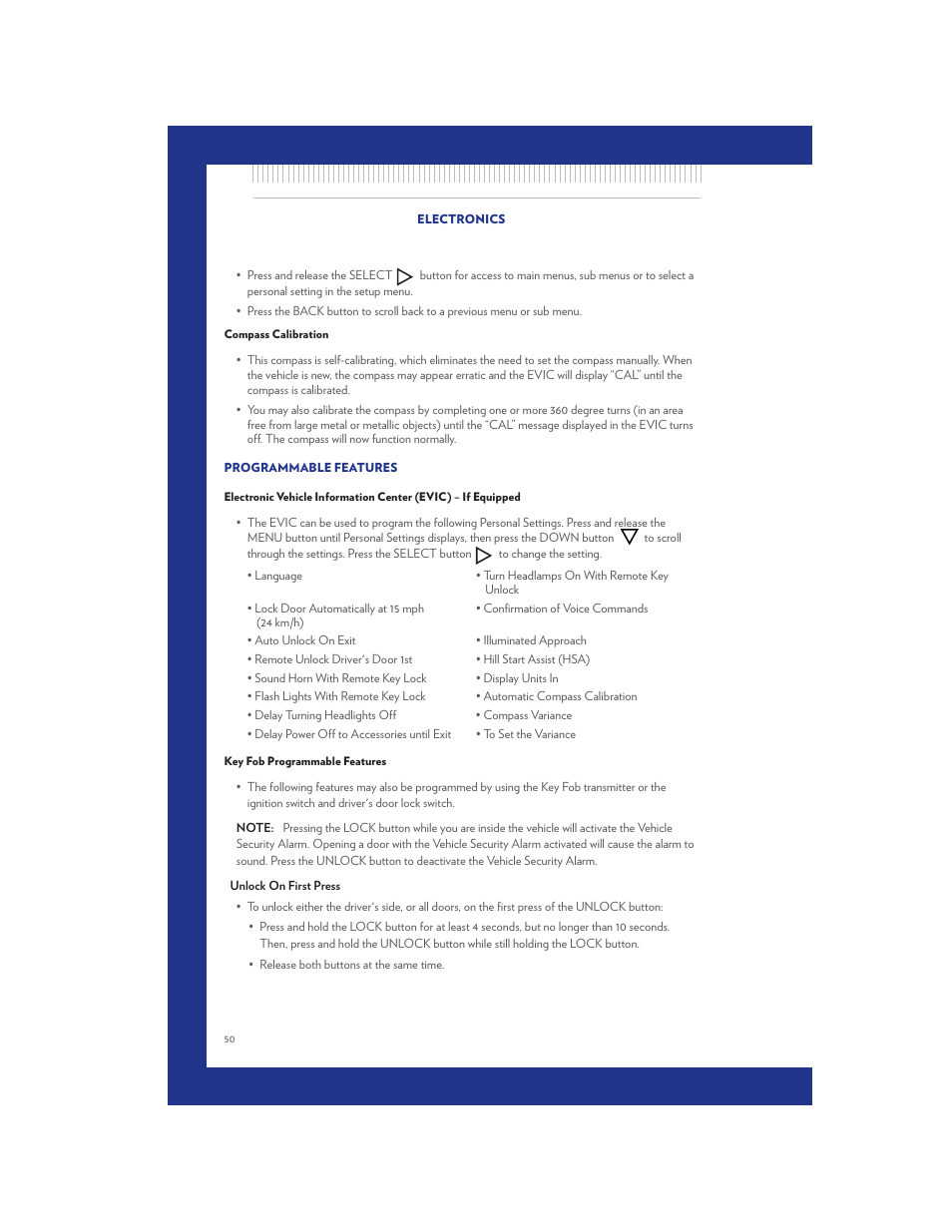 Compass calibration, Programmable features, Key fob programmable features | Chrysler 2011 Country - User Guide User Manual | Page 52 / 100