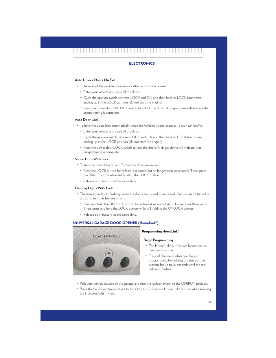 Universal garage door opener (homelink®), Programming homelink | Chrysler 2011 Country - User Guide User Manual | Page 53 / 100