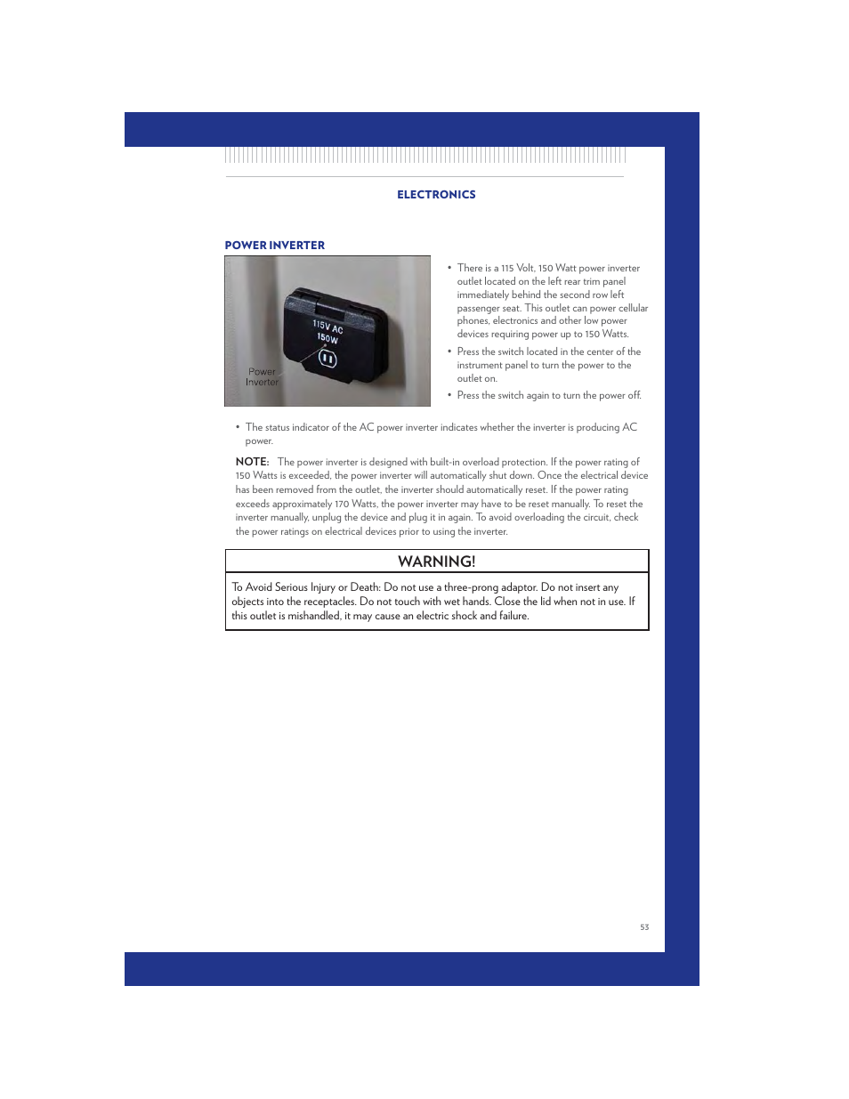 Power inverter, Warning | Chrysler 2011 Country - User Guide User Manual | Page 55 / 100