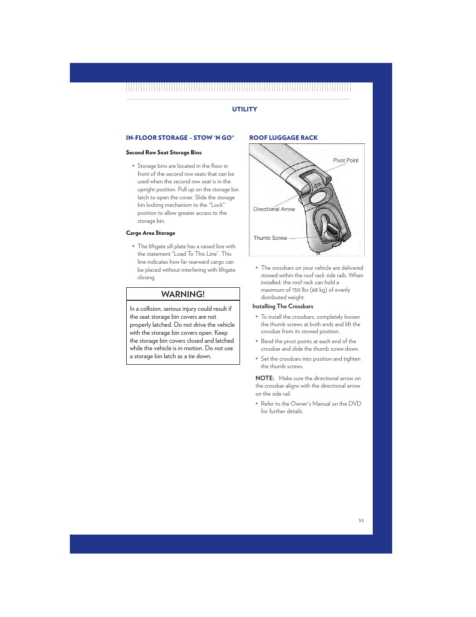 Utility, In-floor storage – stow 'n go, Second row seat storage bins | Cargo area storage, Roof luggage rack, Warning | Chrysler 2011 Country - User Guide User Manual | Page 57 / 100