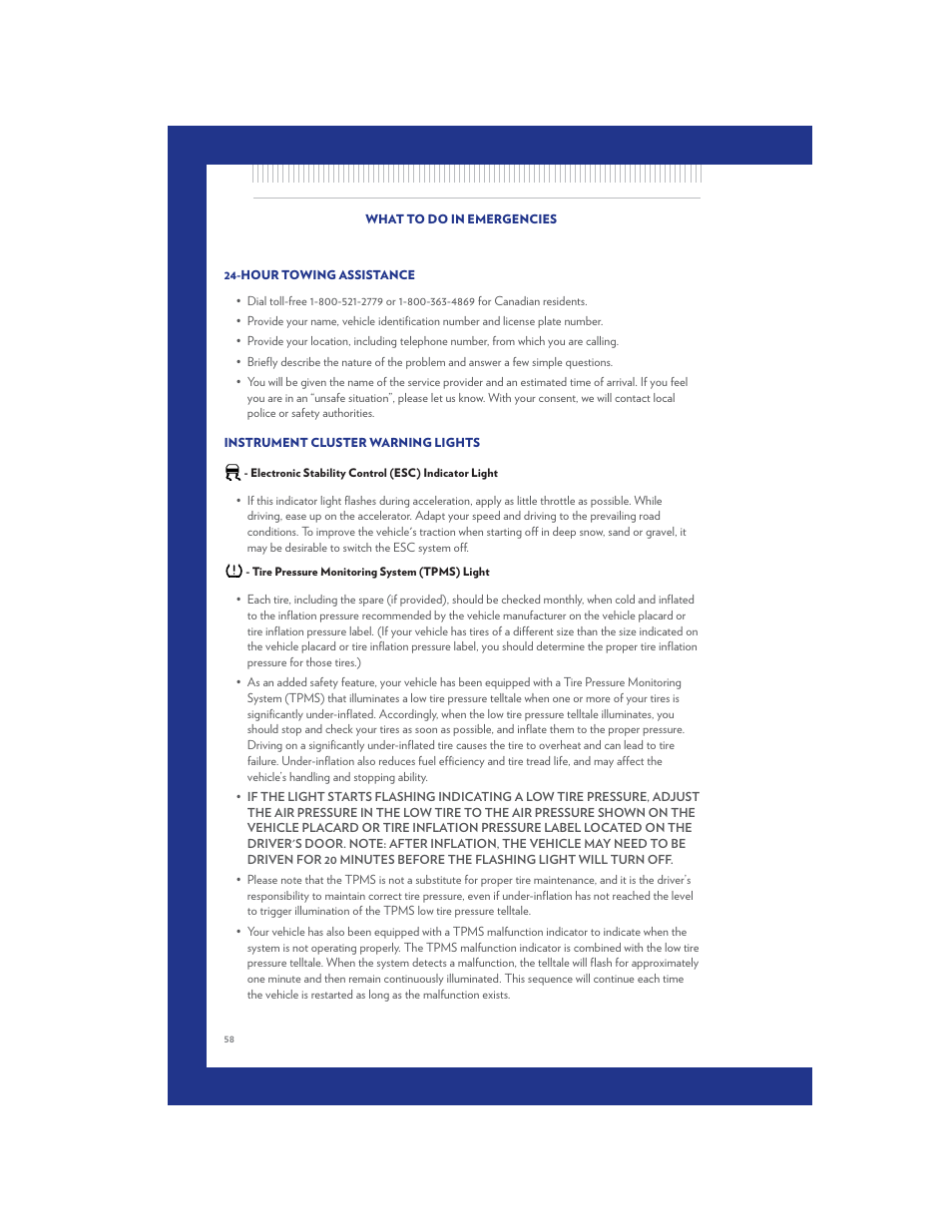 What to do in emergencies, Hour towing assistance, Instrument cluster warning lights | Electronic stability control (esc) indicator light, Tire pressure monitoring system (tpms) light | Chrysler 2011 Country - User Guide User Manual | Page 60 / 100