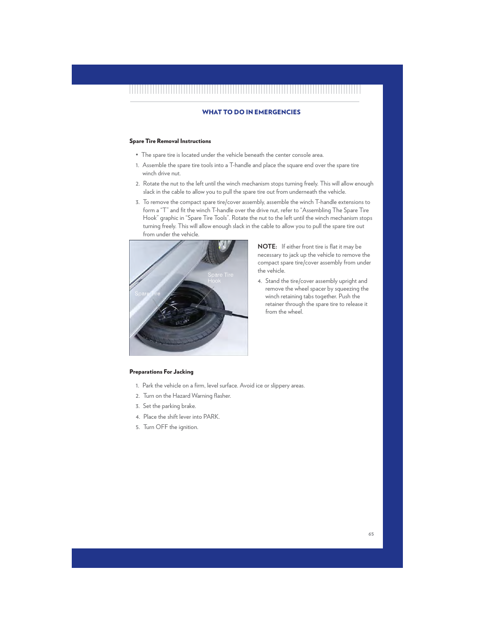 Spare tire removal instructions, Preparations for jacking | Chrysler 2011 Country - User Guide User Manual | Page 67 / 100