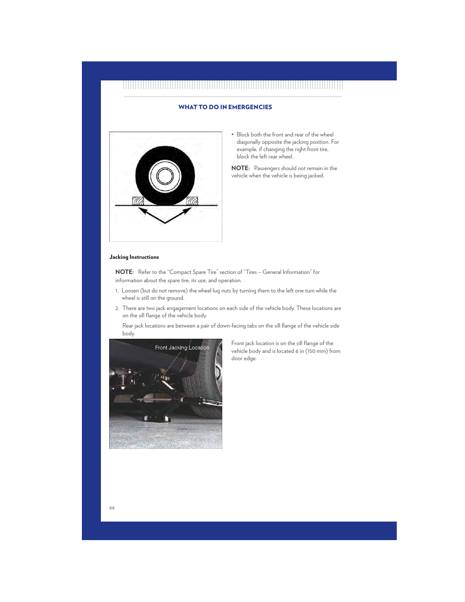 Jacking instructions | Chrysler 2011 Country - User Guide User Manual | Page 68 / 100