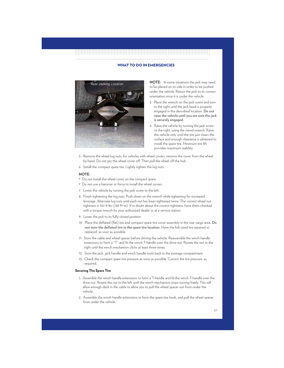 Securing the spare tire | Chrysler 2011 Country - User Guide User Manual | Page 69 / 100