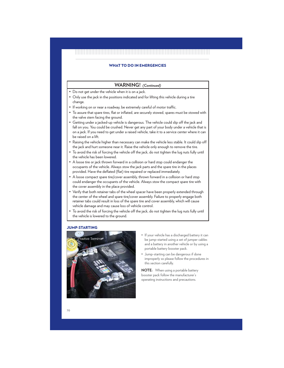 Jump-starting, Warning | Chrysler 2011 Country - User Guide User Manual | Page 72 / 100