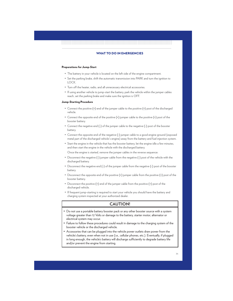 Preparations for jump-start, Jump-starting procedure, Caution | Chrysler 2011 Country - User Guide User Manual | Page 73 / 100