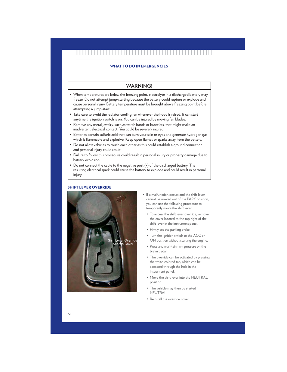 Shift lever override, Warning | Chrysler 2011 Country - User Guide User Manual | Page 74 / 100