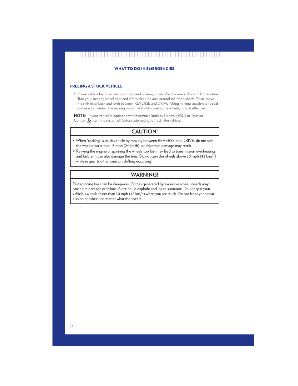 Freeing a stuck vehicle, Caution, Warning | Chrysler 2011 Country - User Guide User Manual | Page 76 / 100