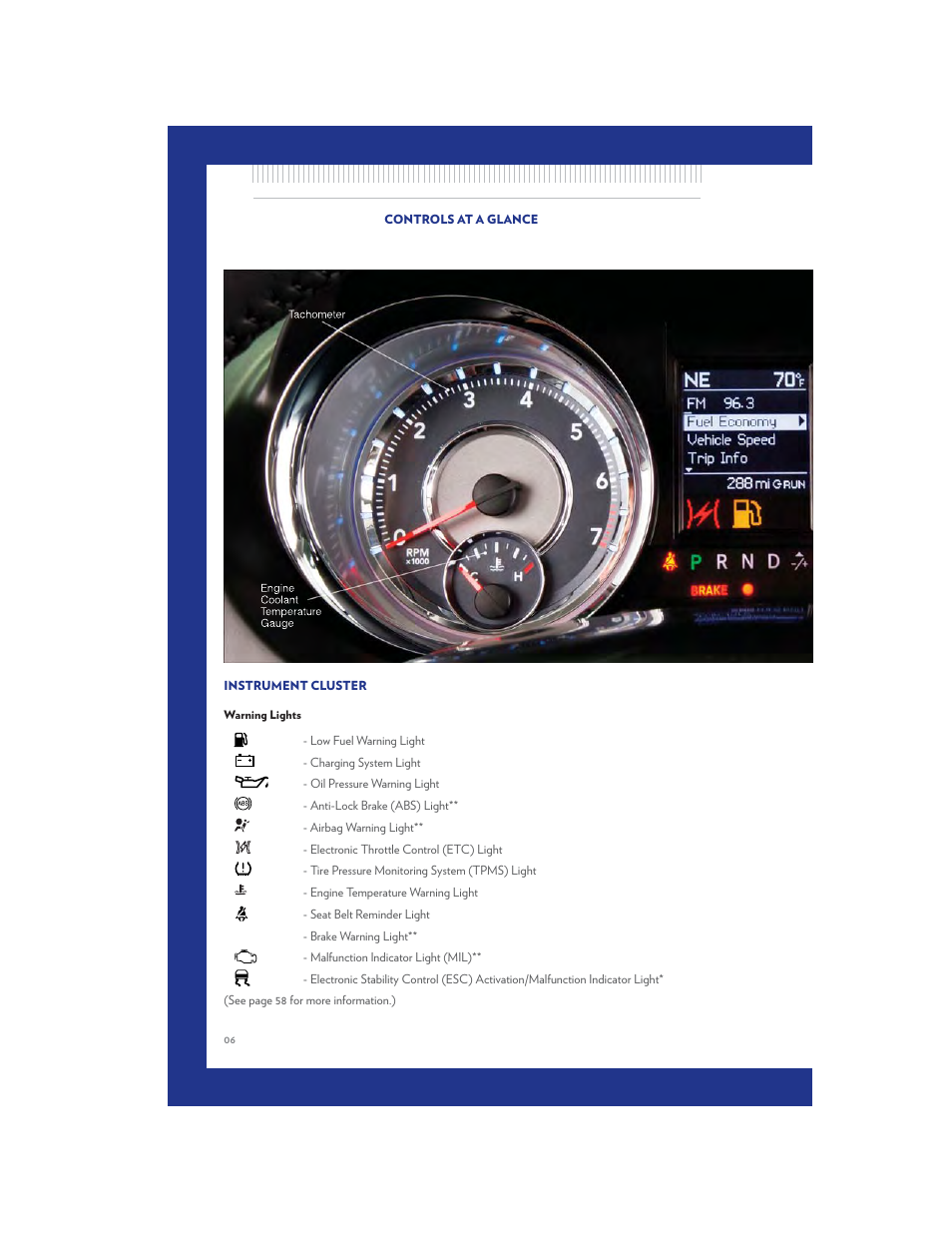 Instrument cluster, Warning lights | Chrysler 2011 Country - User Guide User Manual | Page 8 / 100