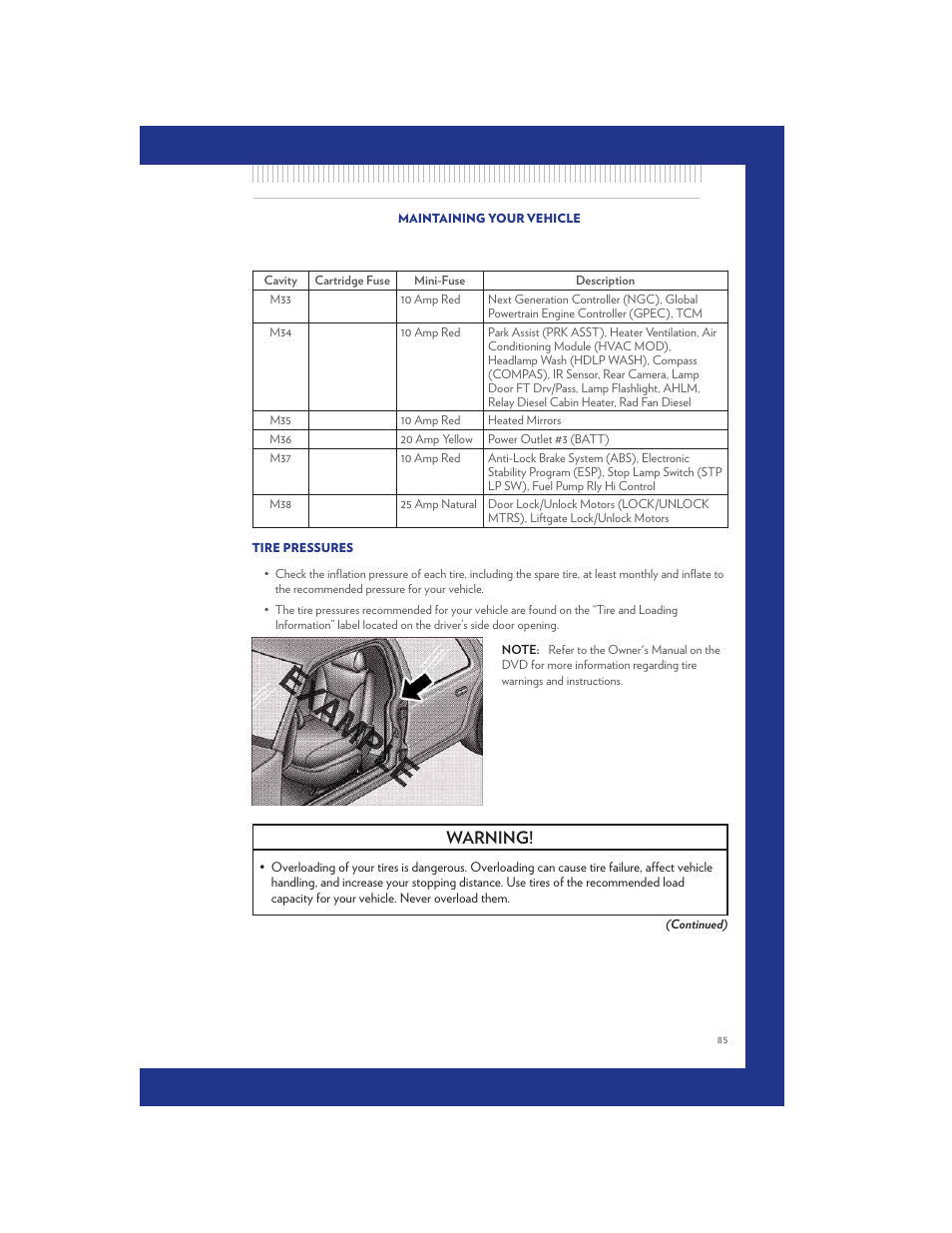 Tire pressures, Warning | Chrysler 2011 Country - User Guide User Manual | Page 87 / 100