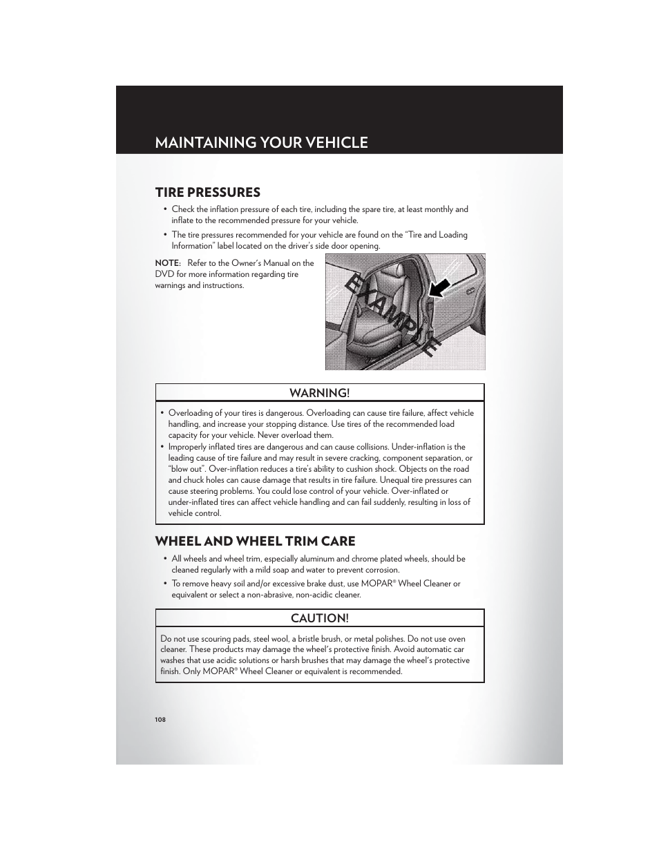 Tire pressures, Wheel and wheel trim care, Maintaining your vehicle | Chrysler 2012 300 SRT - User Guide User Manual | Page 110 / 124