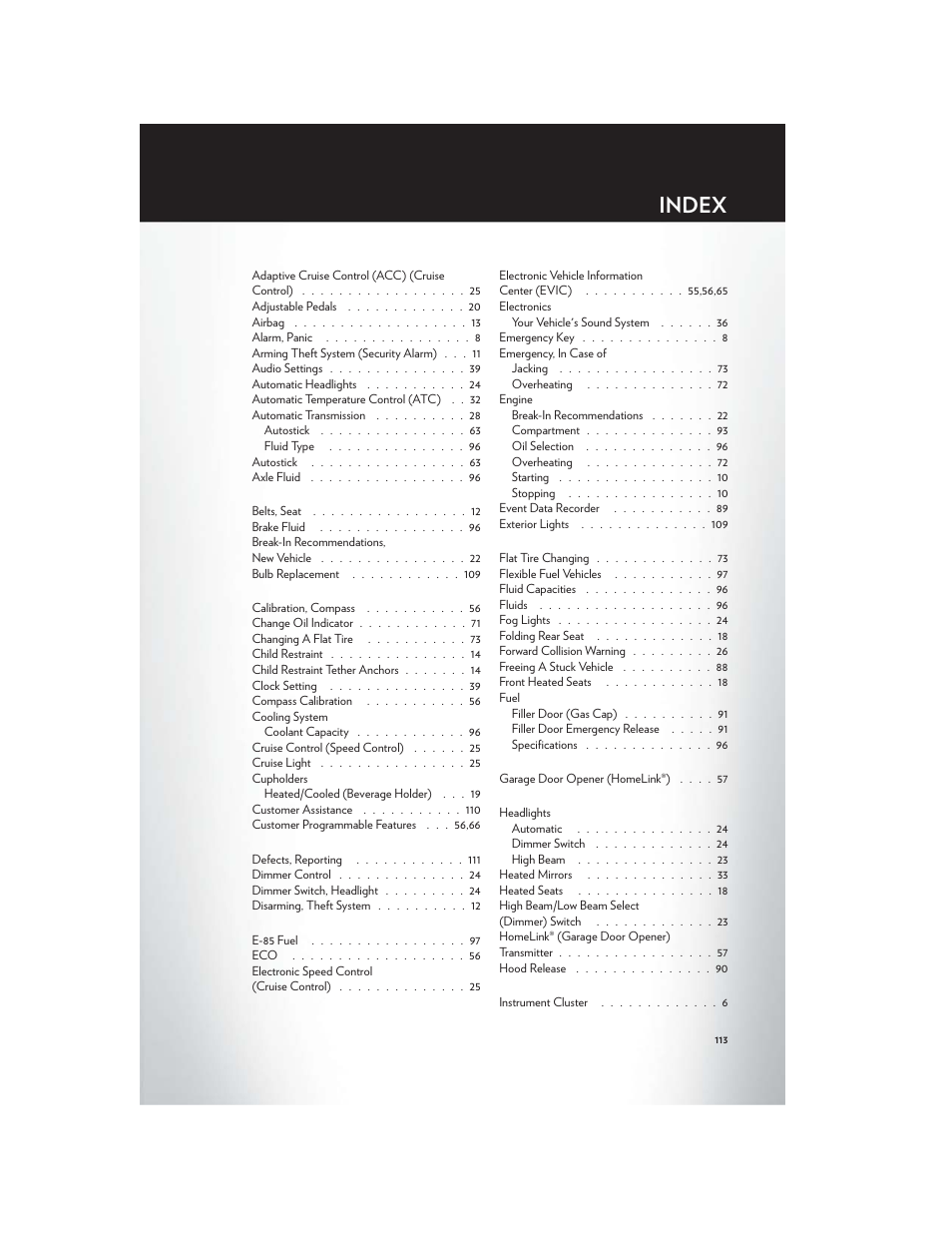 Index | Chrysler 2012 300 SRT - User Guide User Manual | Page 115 / 124