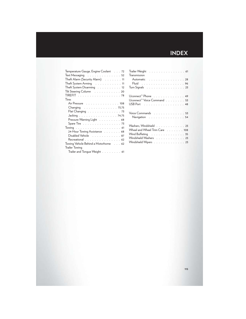 Index | Chrysler 2012 300 SRT - User Guide User Manual | Page 117 / 124