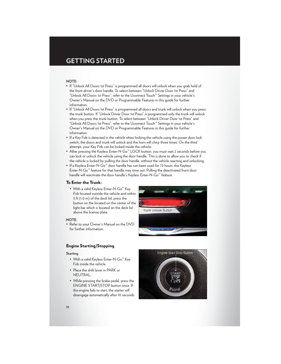 To enter the trunk, Engine starting/stopping, Getting started | Chrysler 2012 300 SRT - User Guide User Manual | Page 12 / 124