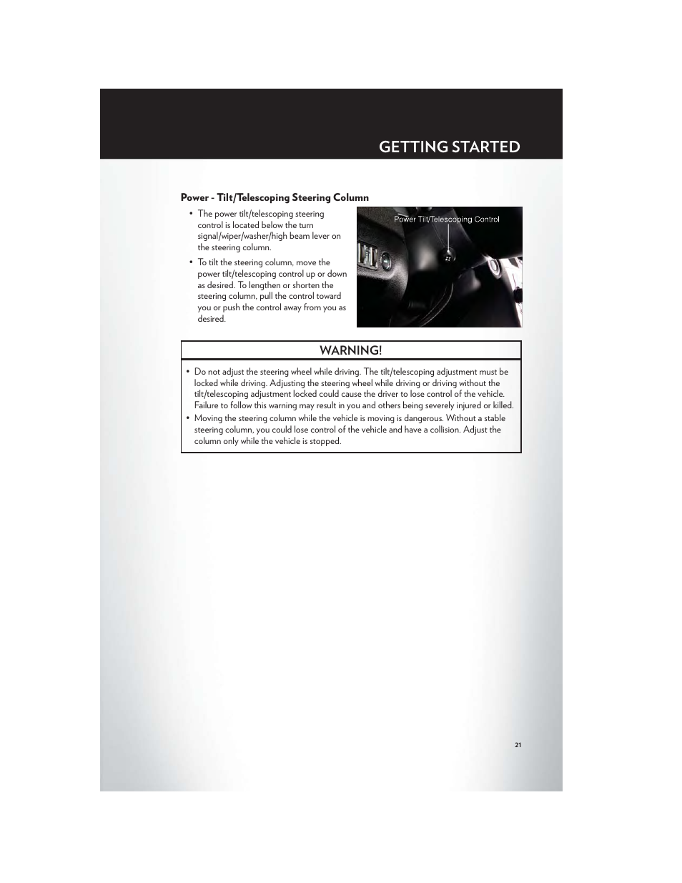 Power - tilt/telescoping steering column, Getting started | Chrysler 2012 300 SRT - User Guide User Manual | Page 23 / 124