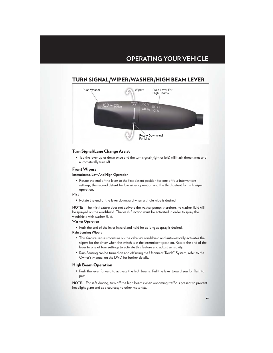 Turn signal/wiper/washer/high beam lever, Turn signal/lane change assist, Front wipers | High beam operation, Operating your vehicle | Chrysler 2012 300 SRT - User Guide User Manual | Page 25 / 124
