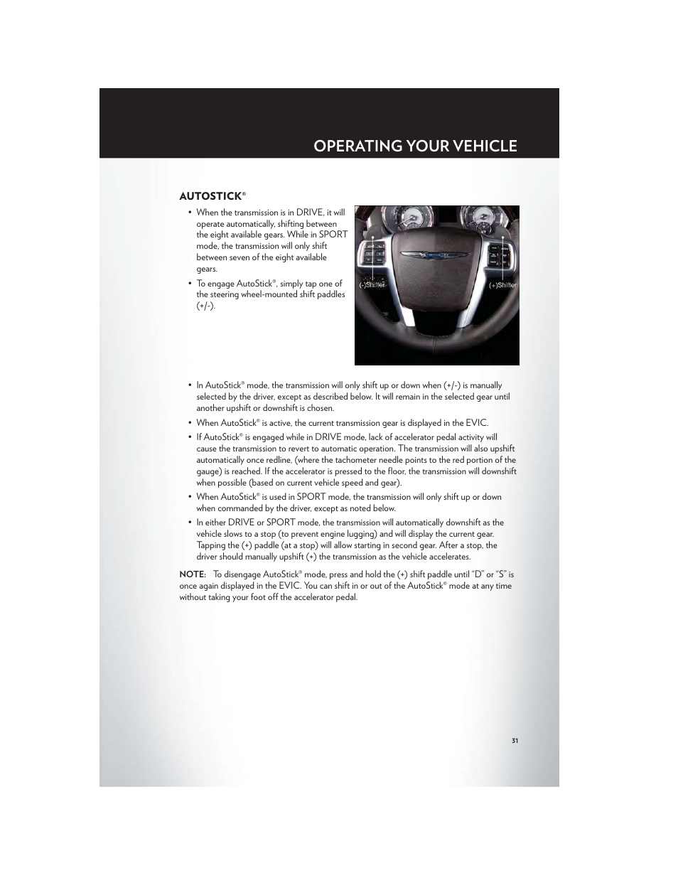 Autostick, Operating your vehicle | Chrysler 2012 300 SRT - User Guide User Manual | Page 33 / 124