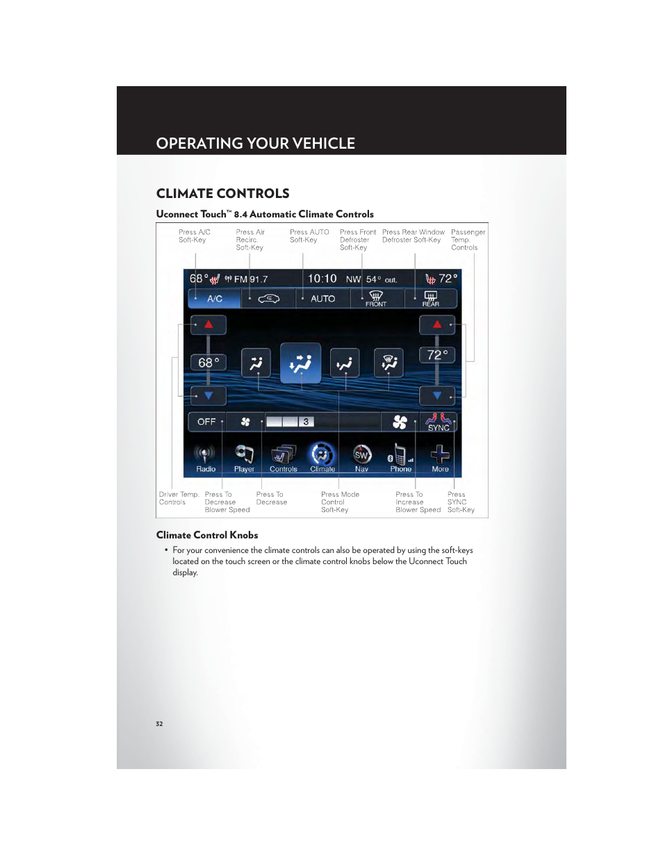 Climate controls, Uconnect touch™ 8.4 automatic climate controls, Climate control knobs | Operating your vehicle | Chrysler 2012 300 SRT - User Guide User Manual | Page 34 / 124