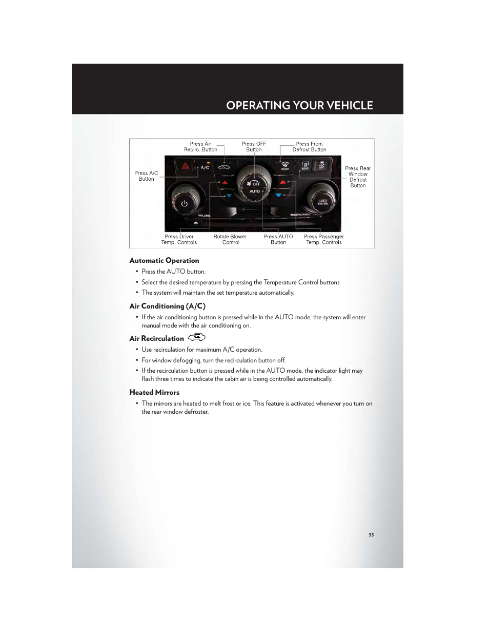 Automatic operation, Air conditioning (a/c), Air recirculation | Heated mirrors, Operating your vehicle | Chrysler 2012 300 SRT - User Guide User Manual | Page 35 / 124