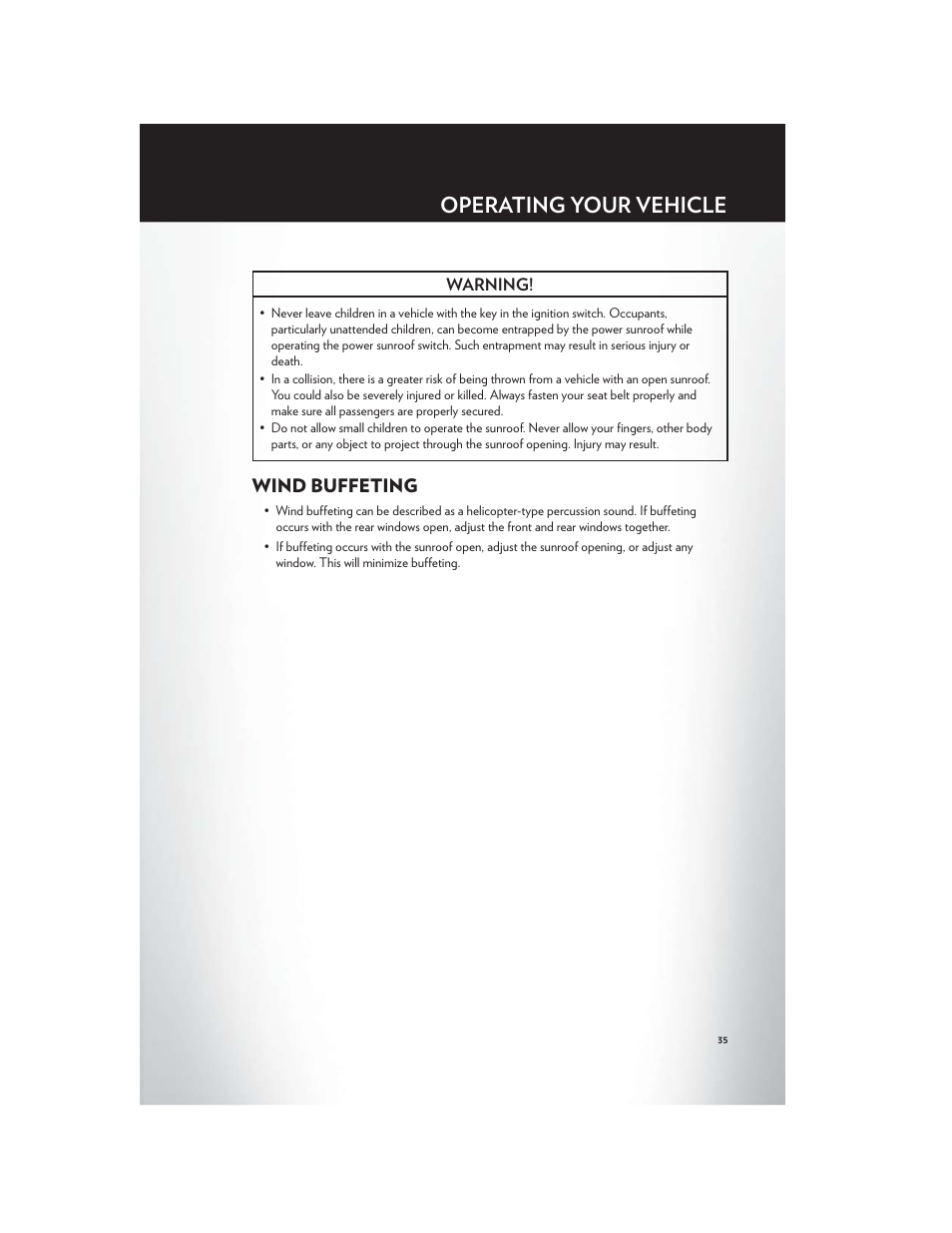 Wind buffeting, Operating your vehicle | Chrysler 2012 300 SRT - User Guide User Manual | Page 37 / 124