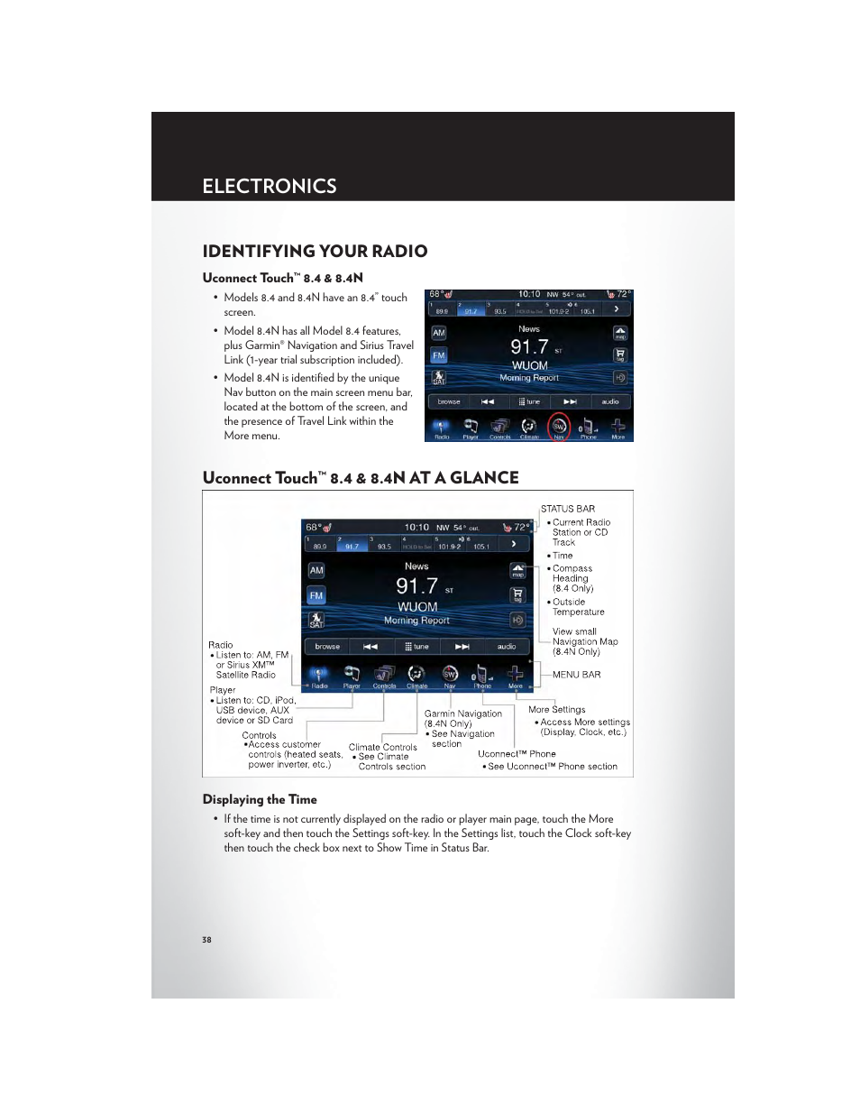 Identifying your radio, Uconnect touch™ 8.4 & 8.4n, Uconnect touch™ 8.4 & 8.4n at a glance | Displaying the time, Electronics | Chrysler 2012 300 SRT - User Guide User Manual | Page 40 / 124