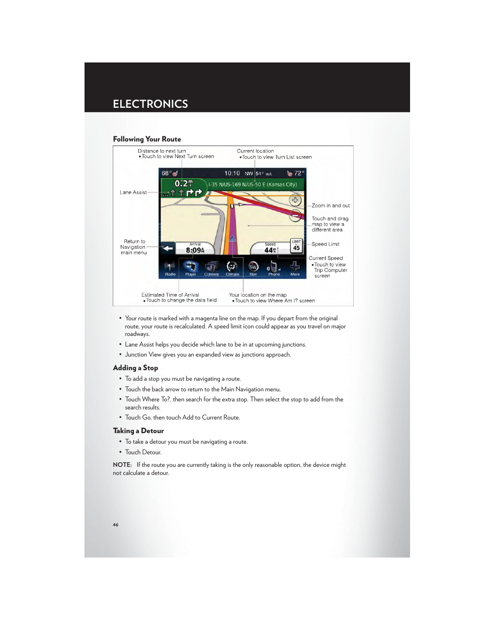 Following your route, Adding a stop, Taking a detour | Electronics | Chrysler 2012 300 SRT - User Guide User Manual | Page 48 / 124